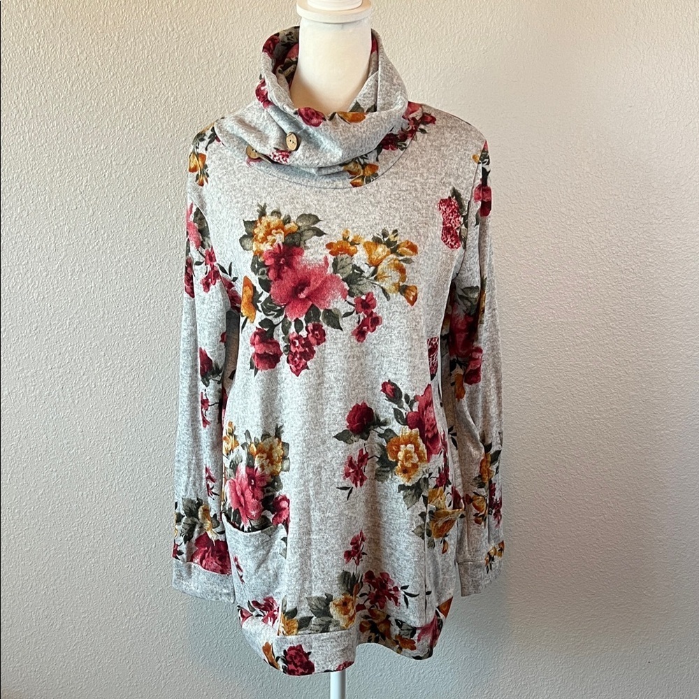 Oddy Floral Cowlneck Tunic Gray Size Medium